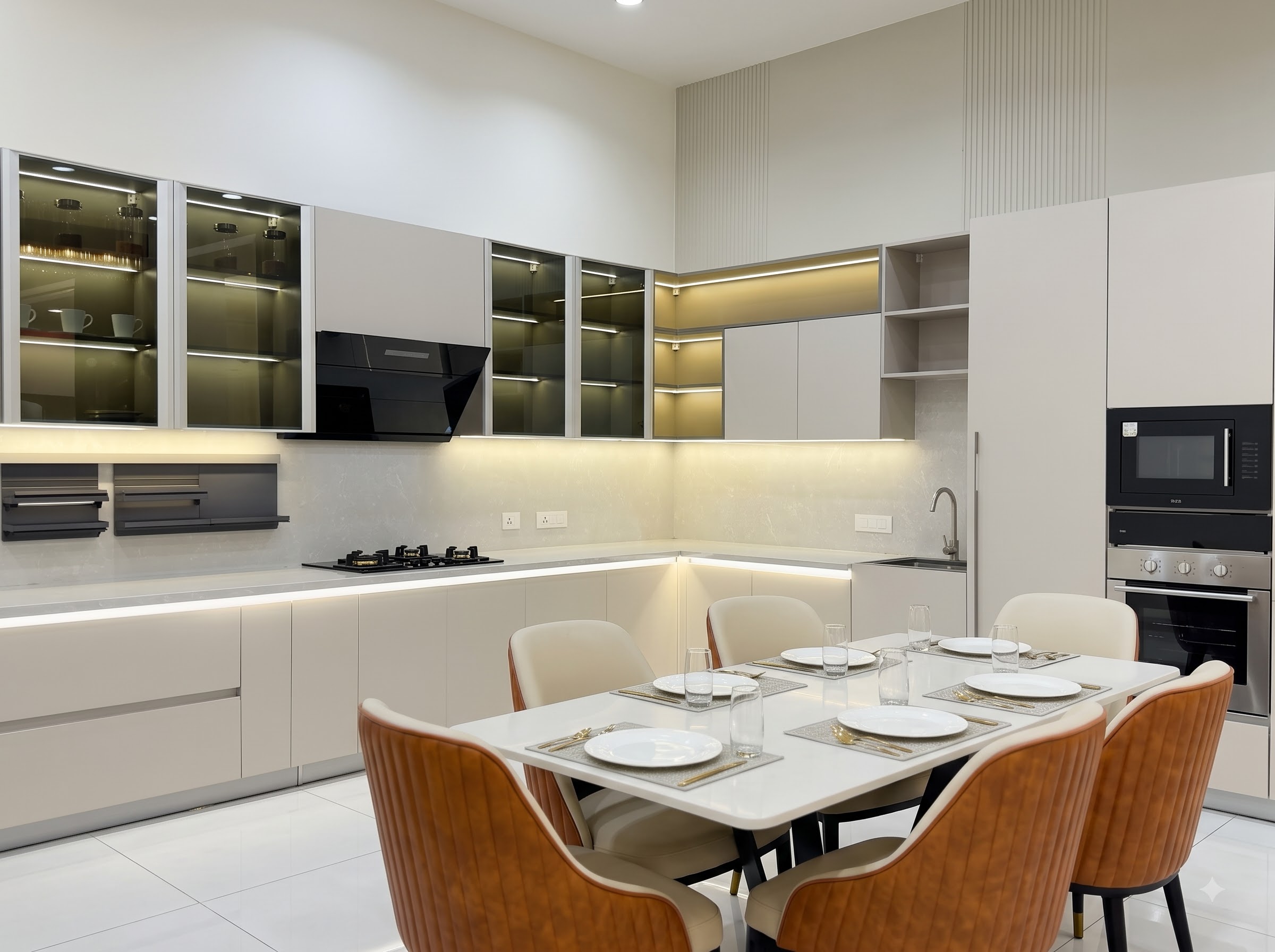 Contemporary Stone Kitchen with waterfall island, polished mocha cabinetry and ambient lighting