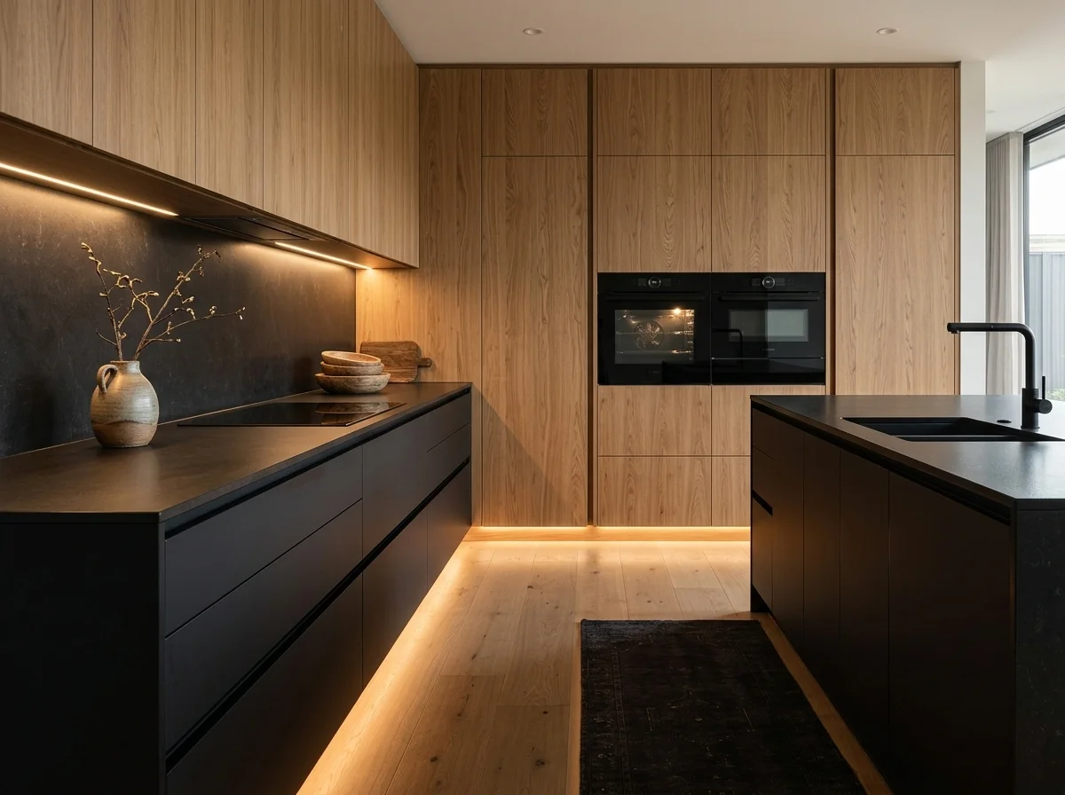 Dark Tone Luxury Kitchen with black marble and illuminated floating shelves